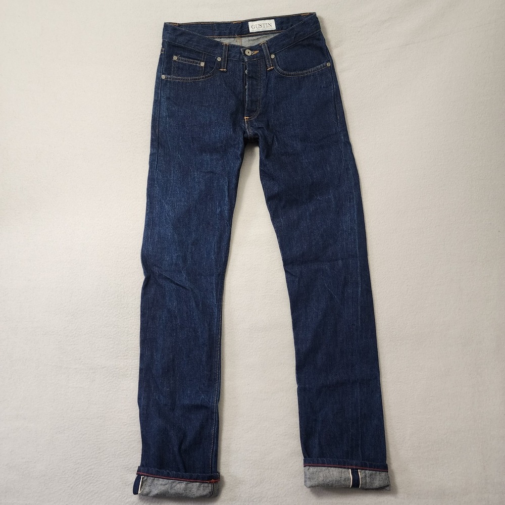 Gustin Selvedge Jeans Mens 30x34 Blue Slim Straight Denim Button Fly